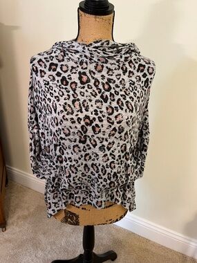 Sundry Leopard Print Draped Neck Top in Grey with Pink Accents
